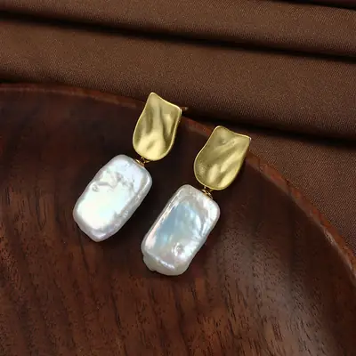 Square Pearl Earrings Gold Plated S925 Sterling Silver