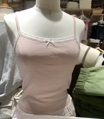 Pink Striped Lace Bm Suspender Vest for Women