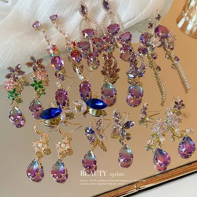 Silver Needle Light Luxury Gradient Purple Zircon Water Drop Flower Butterfly Tassel Earrings Korean Elegant Earrings Fashion Earrings