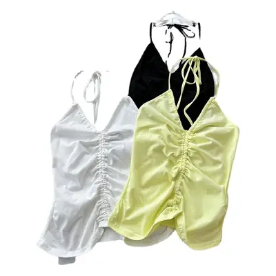 Women's White Pleated Backless Halter Vest with Black Jacket