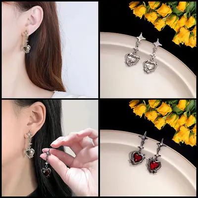 Silver Heart & Star Earrings with Red Stone Accents