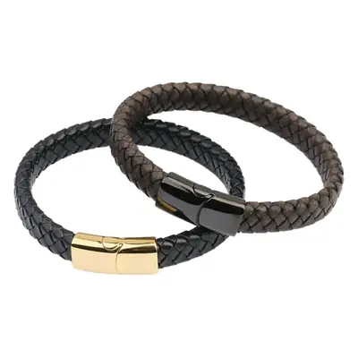 Men's Magnetic Buckle Leather Bracelet Black Gold
