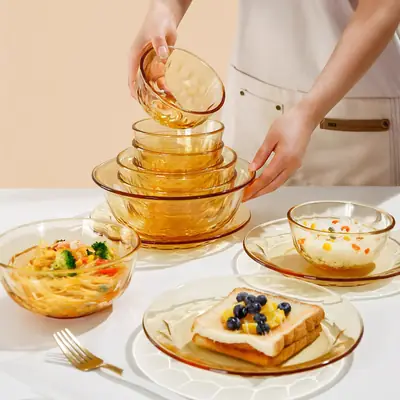 Amber Glass Bowl for Microwave High Temperature Resistant Household Noodle Bowl Salad Bowl Rice Bowl Soup Bowl Tableware Set