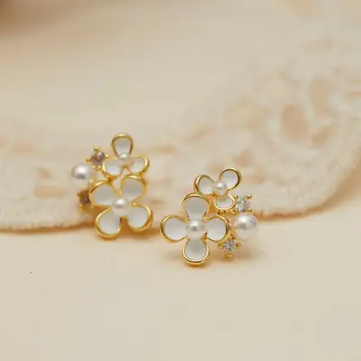 Mini French Pearl Flower Earrings Gold Plated