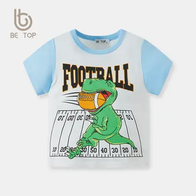 Kids Football Dinosaur T-Shirt White Blue Short Sleeve