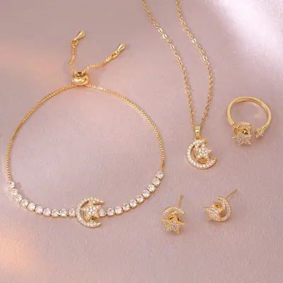 Gold Plated 3-Piece Necklace Set with Star Moon Design
