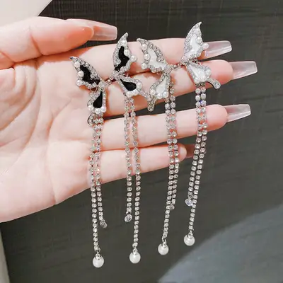 Super Fairy Pearl Butterfly Zircon Tassel Long Ear Bone Clip Women's Unique Simple All-match Earrings