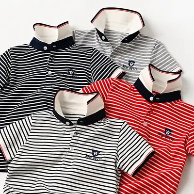 Children Striped Polo Shirt Red White Lapel Short Sleeve
