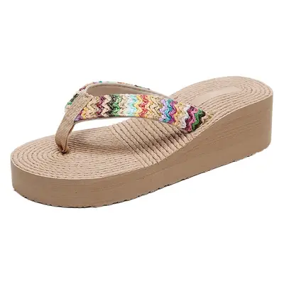 Large Size New Summer Imitation Hemp Rope Travel Flip Flops Women's Outer Wearing Wedge Thick Bottom Holiday Leisure Beach Sandals