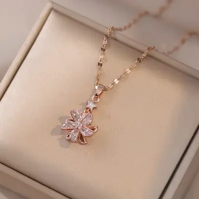 Women Elegant Zircon Windmill Necklace Rotating Chain