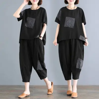 Women Printed Black Plus Size Sports Suit Summer
