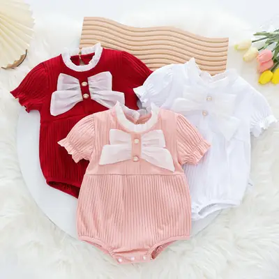 Baby Girl Bow Embroidered One-Piece Suit Red Pink White