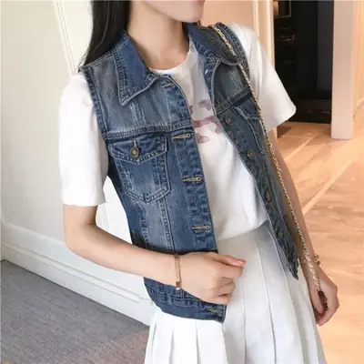 Women's 2023 White Denim Vest Slim Fit Sleeveless Clip