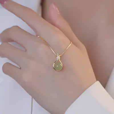 Middle Ancient Fortune Bag Hetian Jade Necklace Light Luxury New Chinese Style Pendant Women's Clavicle Titanium Steel Color-Free Chain