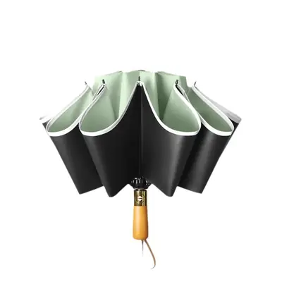 Automatic Reverse Umbrella with Wooden Handle & Double Leather Trim