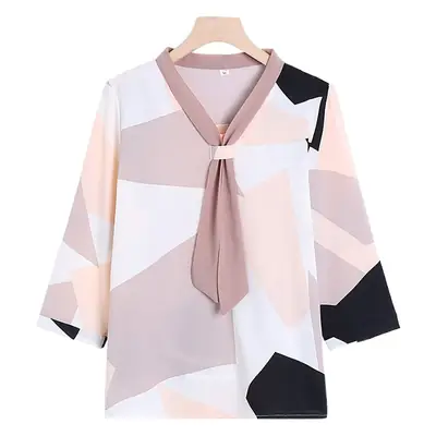 40yo Middle-aged Chiffon Lace-Up Shirt Beige