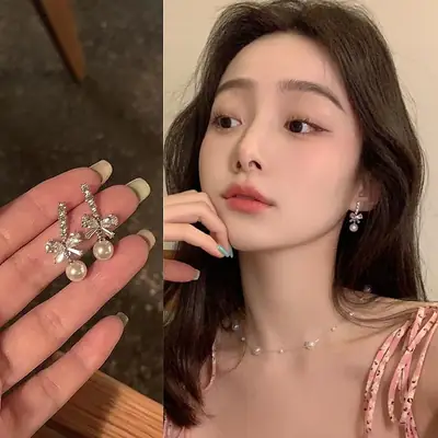 Bow Pearl Earrings 2023 Niche Design High-end Women's Ear Clip