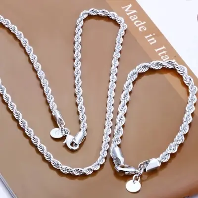 Silver Plated Twisted Rope Necklace Set 4mm Fashion Jewelry