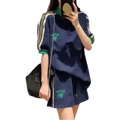 Women Korean Style Blue Sports Shorts Set Summer Loose Fit