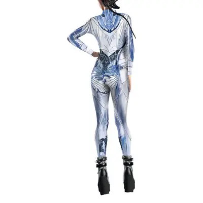 Women Glass Stitched Jumpsuit Tights Blue Silver Digital Print