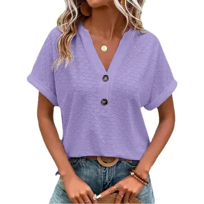 Women Button V-Neck T-Shirt Pink 2023