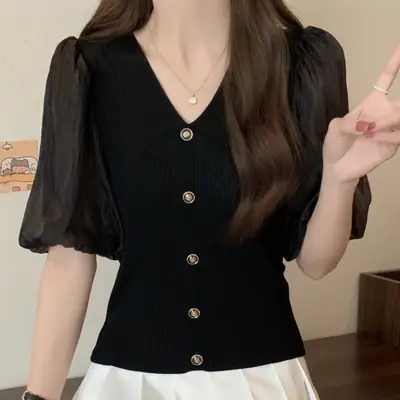 Women French Style V Neck Sweater Top Summer Slimming