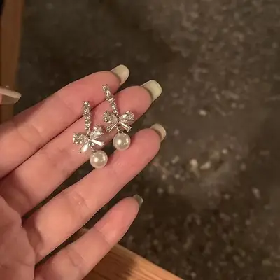 S925 Zircon Bow Pearl Earrings for Women