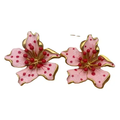 Retro Vintage Flower Earrings Rose Brushed Enamel Silver Needle Electroplated