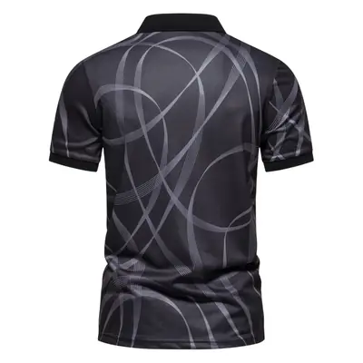 Men's Black Striped Polo Shirt Short Sleeve Lapel
