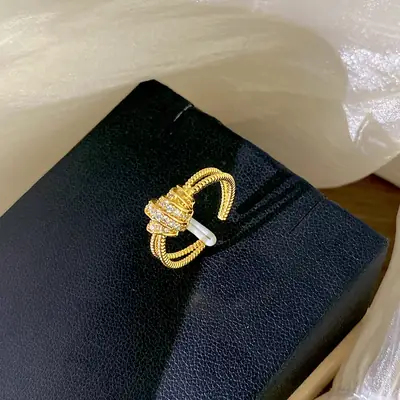 Japanese Korean Style Adjustable Gold Ring with Full Diamond Design
