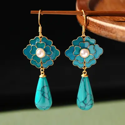 Ancient Gold Enamel Earrings with Turquoise Accents