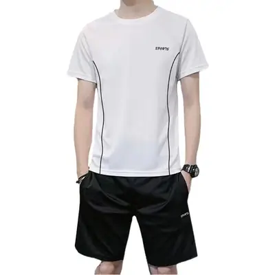 Men Sports Quick-Drying T-Shirt Shorts Set White Black Large