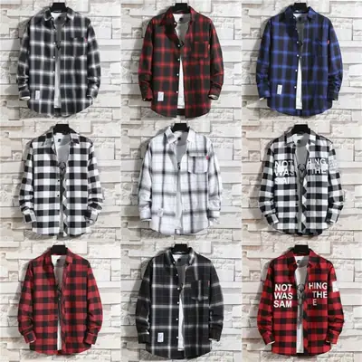 Men's Black White Checkered Long Sleeve Shirt Large