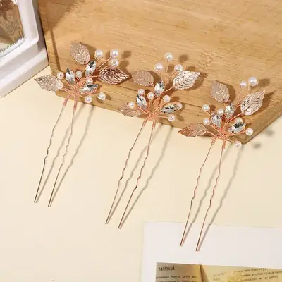 Three-Piece Pearl Leaf Hairpins Set for Bridal Hair Accessories