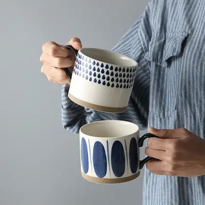 Japanese Style Stoneware Coffee Mug with Blue Dot Design