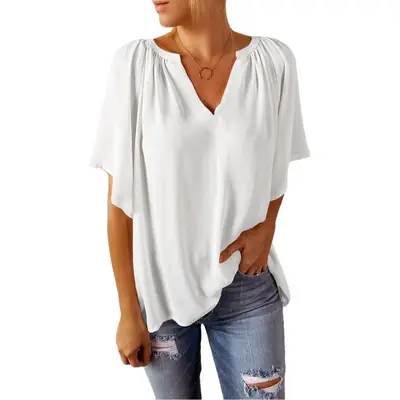 European American V-Neck Loose Sleeve T-Shirt Maroon