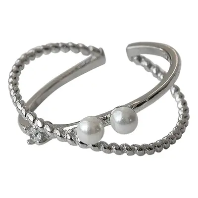 S925 Sterling Silver Double-layer Cross Pearl Ring Women's Temperament High-end Fashion Finger Ring Cold Wind Open Ring