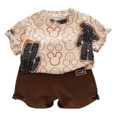 Boys 2Pc Printed T-Shirt Shorts Set Brown White Summer Wear