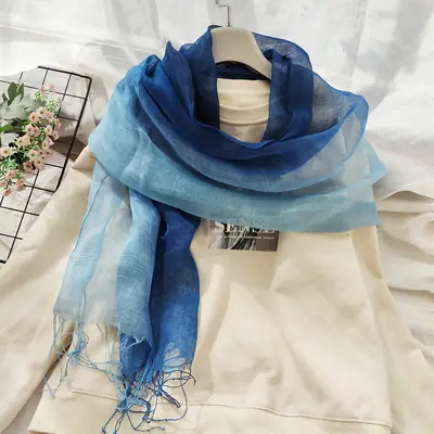 Blue Linen Gradual Color Scarf for Women