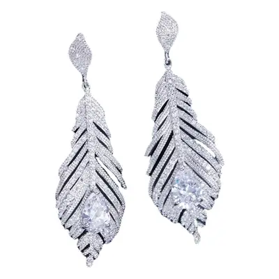 Silver Feather Earrings with Diamond Zircon High-End Fashion