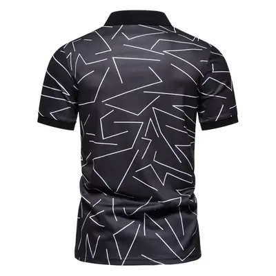 Men's Black White Line Graphic Polo Shirt Short Sleeve