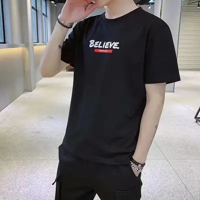 Men Black T-Shirt Short Sleeve Slim Fit Summer Wear