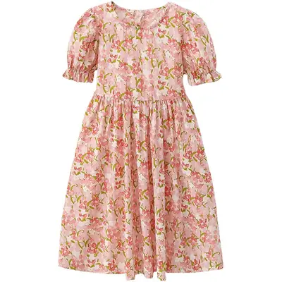 Girls Floral Cotton Dress with Bubble Sleeves
