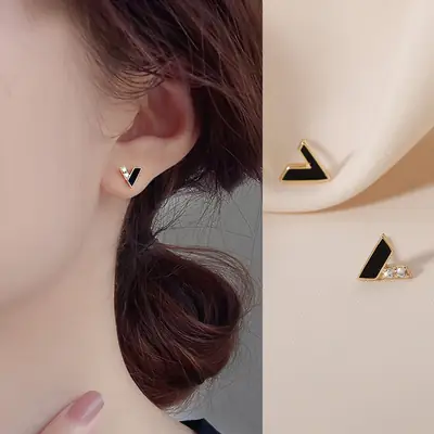 V-shaped Earrings Women's Gold Black High Grade S925 Silver Plated