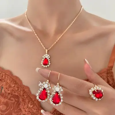 Blue Crystal Water Drop Necklace Set for Women