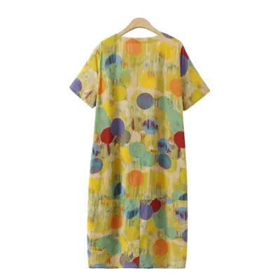 Women Printed Long Skirt Dress Navy Blue 2023 Summer Cotton Linen