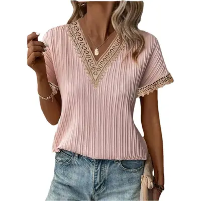 Women V-neck lace T-shirt pink striped summer 2023