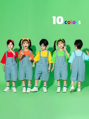 Children's Hip Hop Overalls Set Purple T-Shirt Blue Shorts