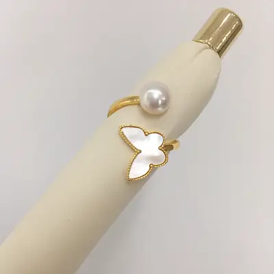 18K Gold Butterfly Pearl Ring for Women