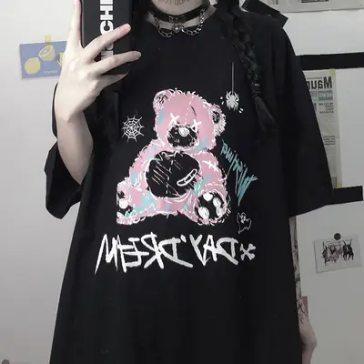 Women Black Cartoon Bear Printed T-Shirt Short Sleeve Summer